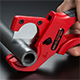 Design of V-shaped blade cuts pipes efficiently.